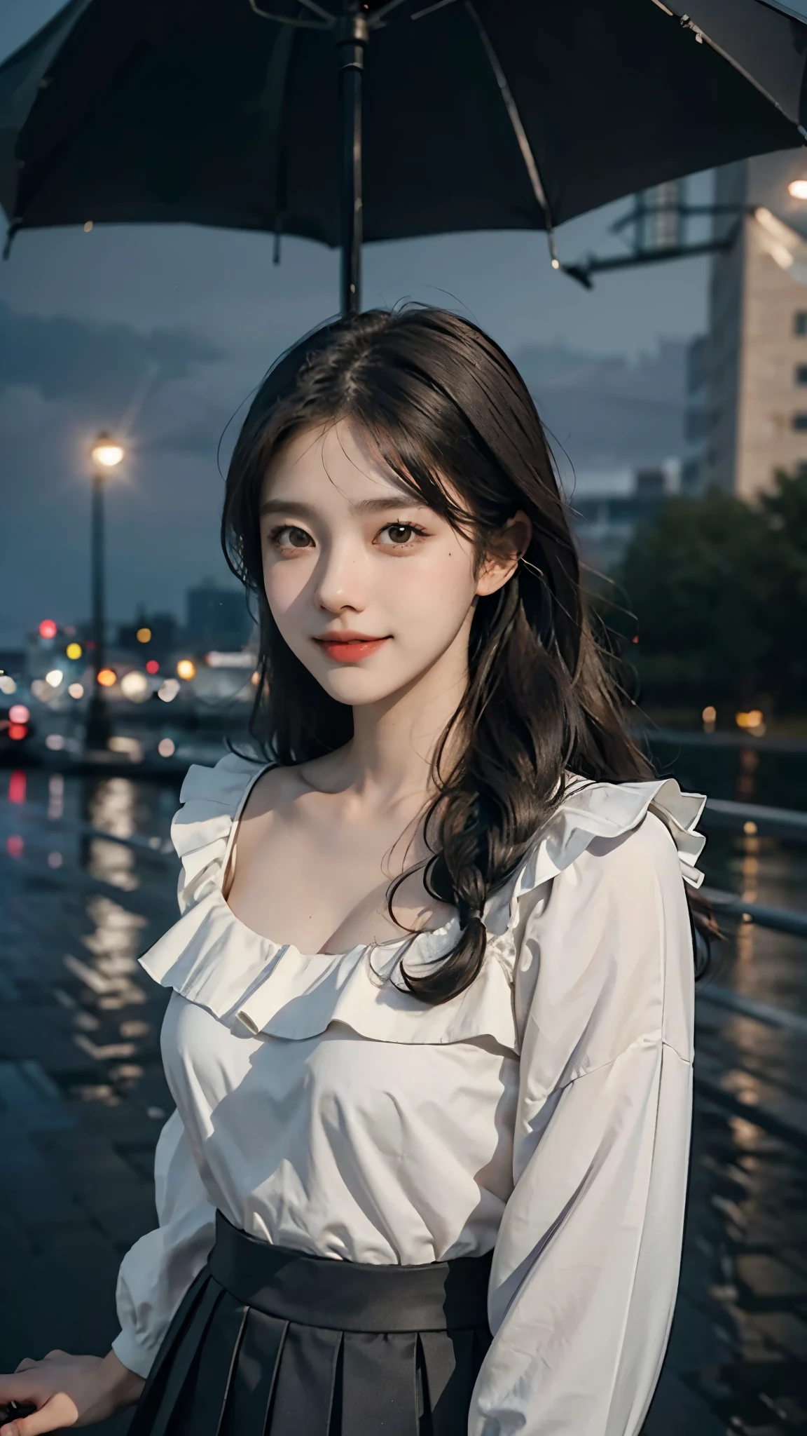 (RAW photos, best quality), (realistic, photorealistic: 1.2), (round face: 1), 1 girl, selfie outdoor, (high detail skin: 1.2), (puffy eyes), (lying silkworm), smile, collarbone, air bang, straight brown black hair, pure black pleated skirt, soft lighting, high quality, cityscape, skyline, night, rain, wet, professional lighting, Photon mapping, radiosity, physically based rendering,