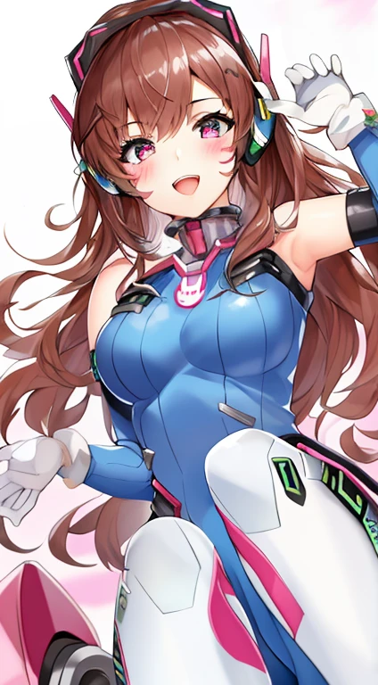 Masterpiece, Best Quality, High Resolution, 1Girl, Ultra High Resolution, Solo, Mecha Pilot, D.VA, Headphones, Pink Eyes, Cat Face Adornament, Blue Tights, Brown Hair, White Gloves,