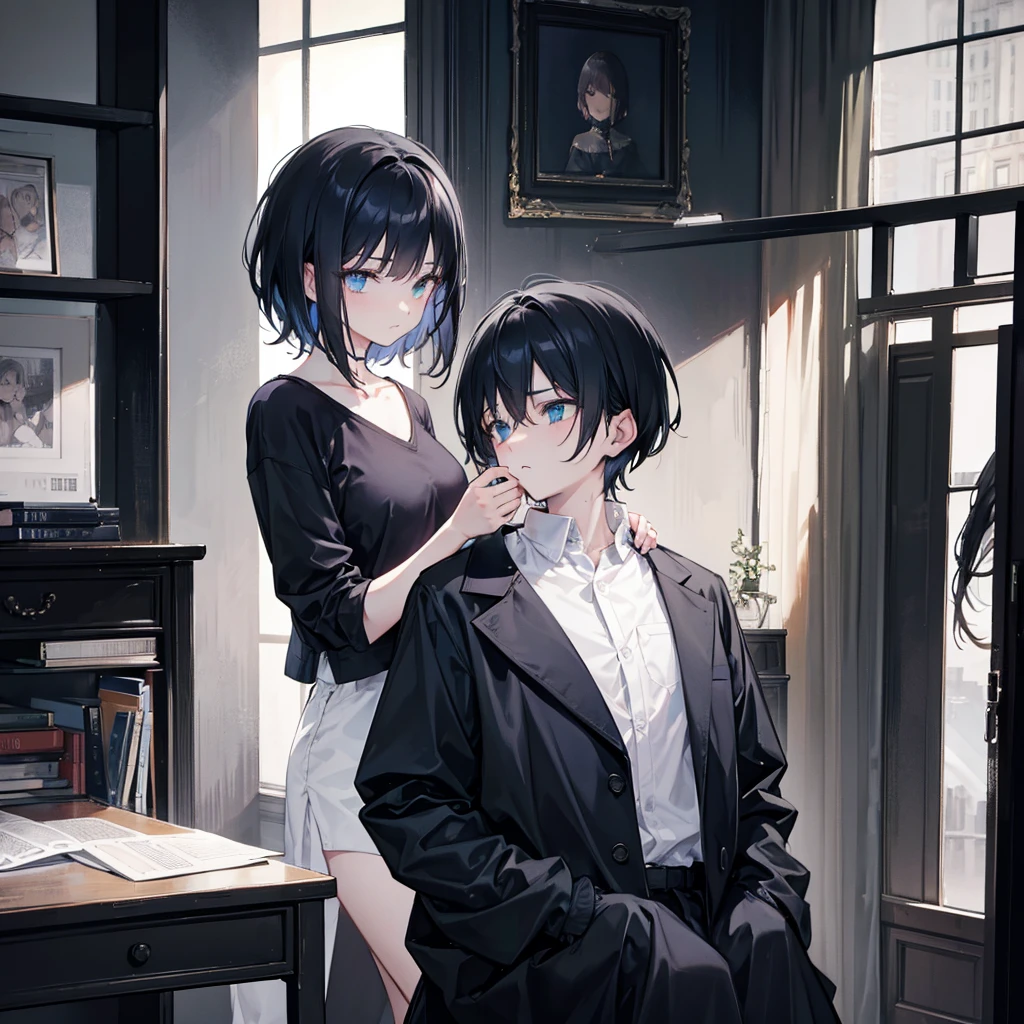 Dark clothing sad couple with short hair styding  lessons in low light room on desk