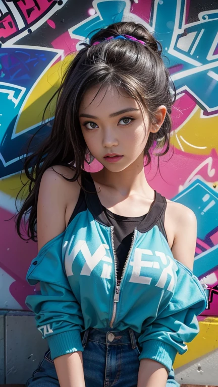 (Best Quality), (High detail), (vivid colors), (graffiti style), (Freestyle), (close up), (1 girl), young and sexy graffiti artist, spray graffiti on a wall painted with street art, HdR, 8k, 3D, graffiti art style. sexy and transparent clothing.