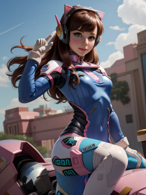Masterpiece, Best Quality, High Resolution, 1Girl, Ultra High Resolution, Solo, Mecha Pilot, D.VA, Headphones, Pink Eyes, Cat Face Adornament, Blue Tights, Brown Hair, White Gloves,