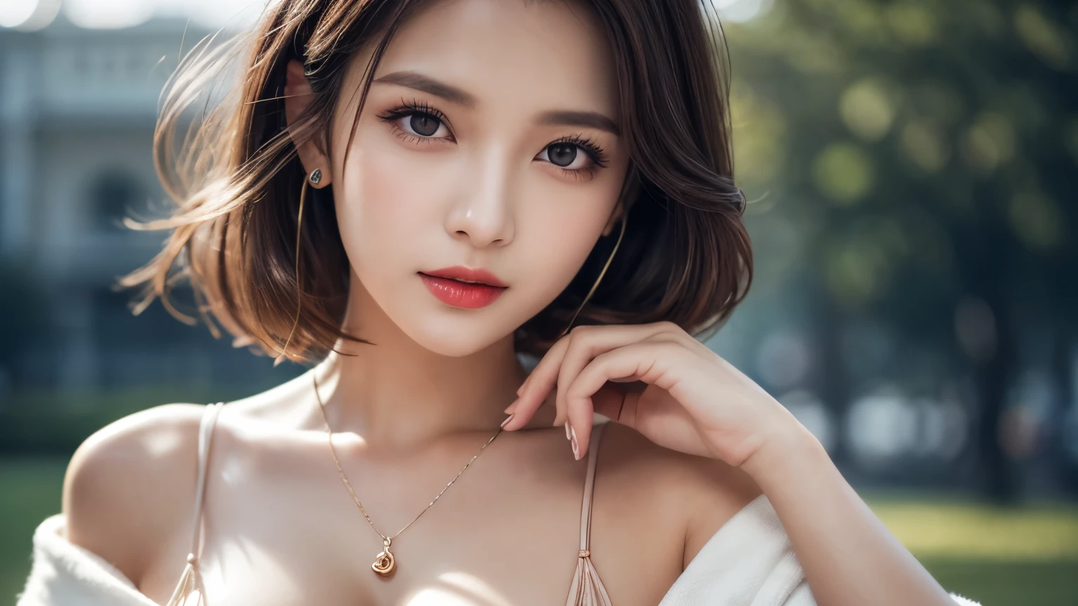 (8k, Ultra-high resolution, The best masterpiece, best quality:1.2), Very detailed, Complete Solution, (actual, actual photo: 1.37), portrait, Half Body, focus on eyes, HD RAW photos, career arrest, High quality and beautiful, 超高清 8k 影像照片, Volumetric lighting, Soft Light, confess, Professional photography, Very detailed的美麗女孩, Super delicate face shape, Contoured eyes, (Very detailed eyes), Precisely shaped nose, expressive lips, Delicate skin, (HD Skin:1.2), Neatly contoured fingers, Every feature is carefully displayed, a story, (20:1.2), Twenty generations, cute girl, young mother, Beautiful mature lady, brown hair, long, straight hair, sparkling amber eyes, red lips, Eye makeup, Cleavage, Stylish casual wear, perfect anatomy, Detailed background, HD background without blur, particle, actual, stunning details, 8k Ultra HD, high quality, CG unity, C4D Rendering, 3D Rendering