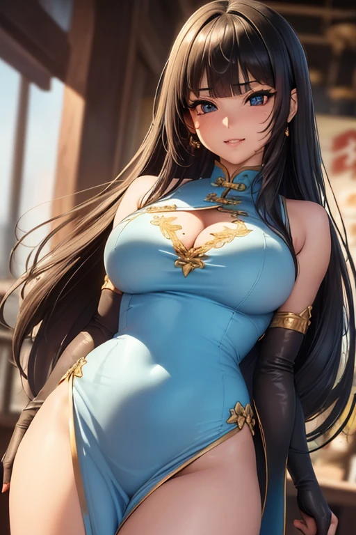 #基本 
A girl is posing for a photo, ((One Girl)), (((Baby Face:1.2)) + ((cute:1.3))), 
#A girl is posing for a photo, ((One Girl)), (((Baby Face)) + ((cute)) + ), 
break 

#Clothing Accessories 
((Blue(long)China dress:1.5) : (Shiny) + (Gold floral embroidery) + ((long丈のスカート部分にサイドスリットが入っている)) + (High neck sleeveless) + (Gold belt for a tight fit at the waist) + (Elbow Gloves)), (Shiny黒ハイヒール), 
#(Black knee-high stockings), 
(Gold hoop earrings), 
break 

#Features 
((Black Hair)), (blunt bangs:1.4), Long Hair, 
((Droopy eyes), blue eyes, (Big eyes:1.2)), (Big Breasts), (Big Ass),
break 

#background environment 
((night), (Chinatown:1.4, congestion)), 
#Facial Expression Pose 
(smile), ((Standing in an outdoor restaurant), (model posing)), 
#composition 
((To the camera, Focus from the front, Cowboy Shot)), 
break 

#Body parts elements 
(Slim figure), 
(Detailed Hair, Beautiful Hair, Shiny Hair), 
(double eyelid, Long eyelashes), 
(Expression of fine eyes, Beautiful and delicate eyes, Sparkling eyes, Eye Reflexes, Glitter Eyeliner), 
(Human Ear), 
(Beautiful Nose, Thin Nose), 
(Shiny唇, Beautiful Lips, Thick lips, Shiny唇, Natural Cheeks), 
(Detailed face, Symmetrical facial features), 
(Detailed skin, Textured skin, Beautiful Skin, Glowing Skin), 
break 

#Quality Image Quality Common 
(((Highest quality)), ((masterpiece)), ((Very detailed))), ((Ultra-high resolution)), ((16K, 1080P)), ((FHD)), 
(Anatomically correct), (Realistic), (3DCG), 

#Quality image illustration 
((comics, anime)), CG illustration, 
