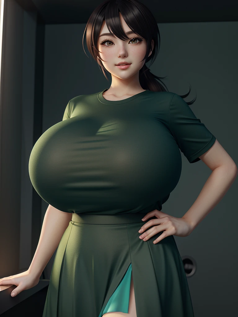 anime girl in a dark green shirt and blue skirt posing for a picture, oppai, oppai proportions, with a large breasts, makoto shinka, big breasts!, biomechanical oppai, big breasts!!, sfw huge breasts, with large breasts, makoto shinkai. digital render, thicc, makoto, nishimiya shouko, smooth anime cg art
