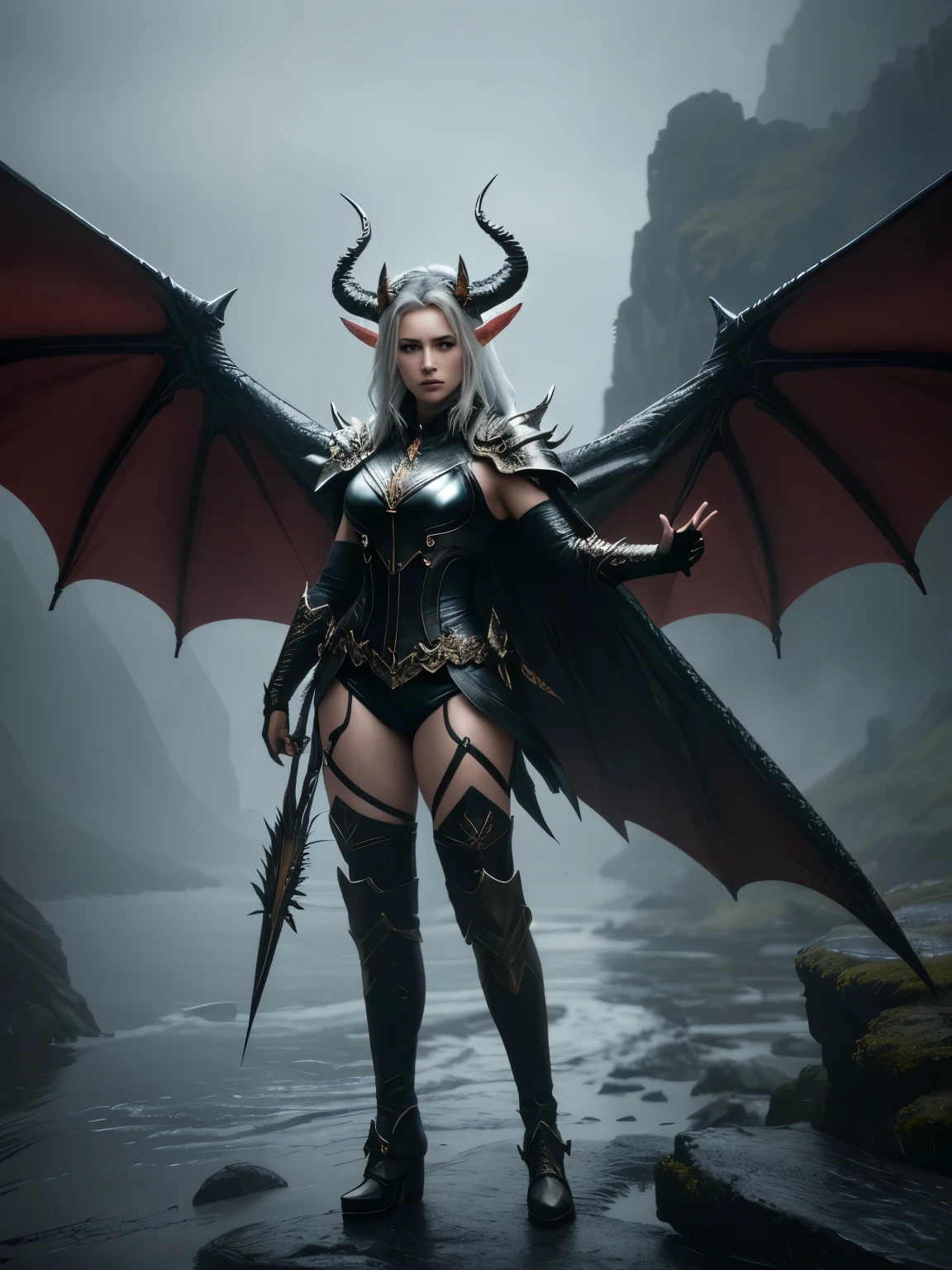 Professional , masterpiece、top-quality、photos realistic , depth of fields 、(White bikini armor)、(cleavage of the breast)、Jewel Gold Weapon、Particles of light),Gorgeous gold weapons ,(( Gorgeous Dragon Sword)) , (Hold the Devil's Hand) ,tentacles protruding from the body,,,,,,,,,,,,,,,() 、((White hair))、(Castle background)、(demonic wings)、((Gangle's forest background))、Beautiful Caucasian beauty、1a person、dynamic ungle,(((Two devil's horns on the head)))、Smaller head、Idle Smile、Thin and beautiful female hands、cleavage of the breast、Mystical expression、Light Effects、intense fighting、Wind-effect、magic circles、With the legendary magic wand、Dragon's tail、Tentacles protruding from the black body of the whole body、tentacles protruding from the body,,,,,
