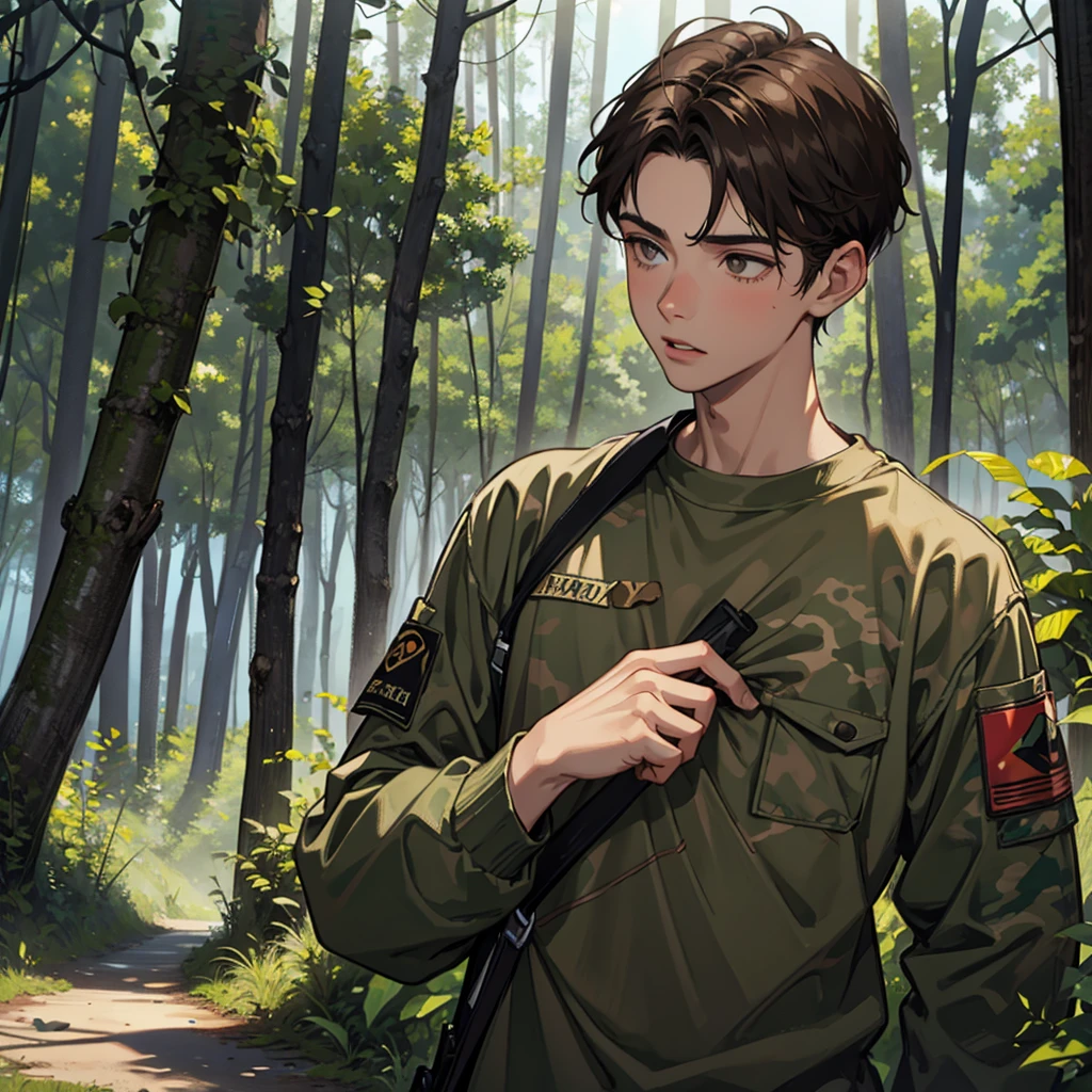 A skinny fourteen-year-old boy, cheeks sunken in, lips parched, covered in dirt. Hair brown and messy, shredded camo shirt, in a forest. Upward glance. Looking forward.