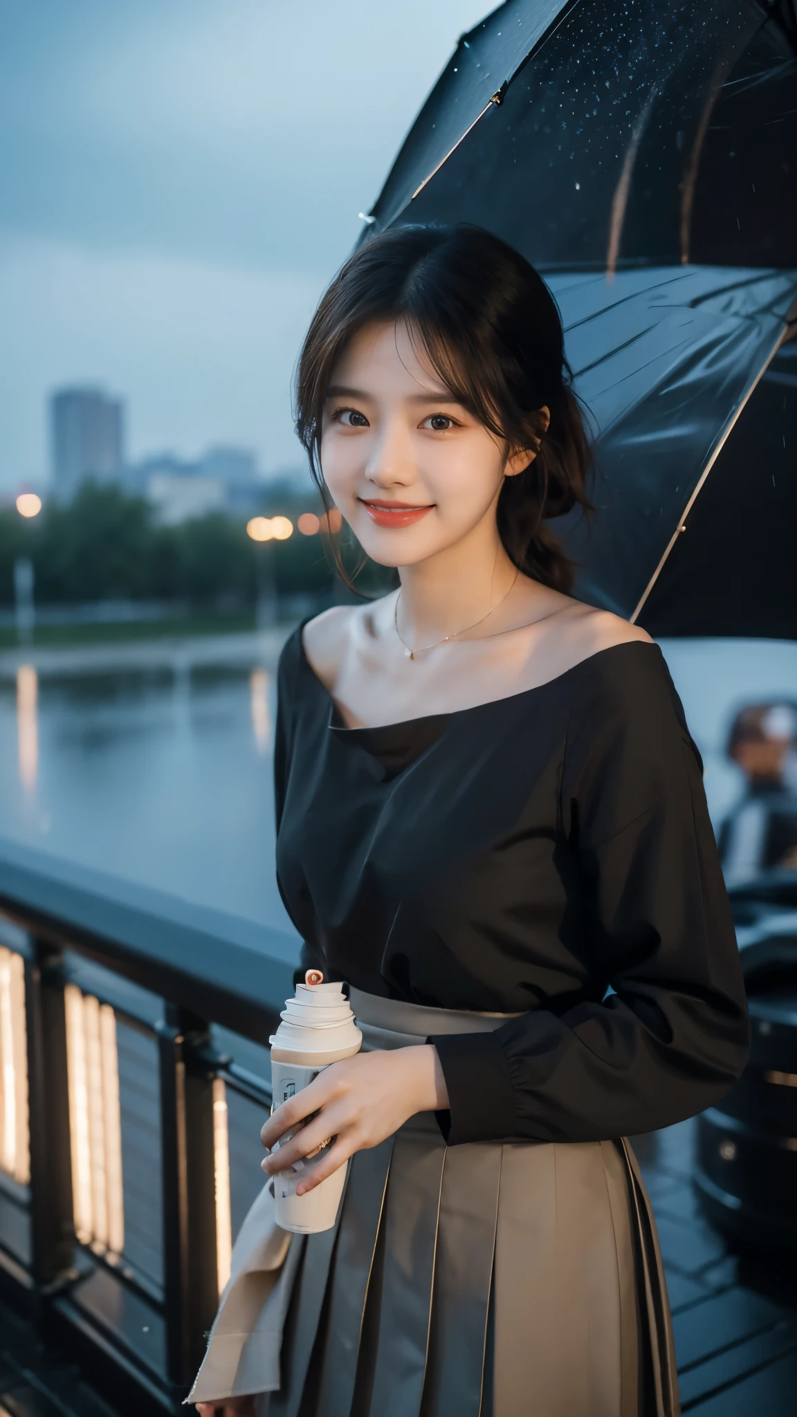 (RAW photos, best quality), (realistic, photorealistic: 1.2), (round face: 1), 1 girl, selfie outdoor, (high detail skin: 1.2), (puffy eyes), (lying silkworm), smile, collarbone, air bang, straight brown black hair, pure black pleated skirt, soft lighting, high quality, cityscape, skyline, night, rain, wet, professional lighting, Photon mapping, radiosity, physically based rendering,