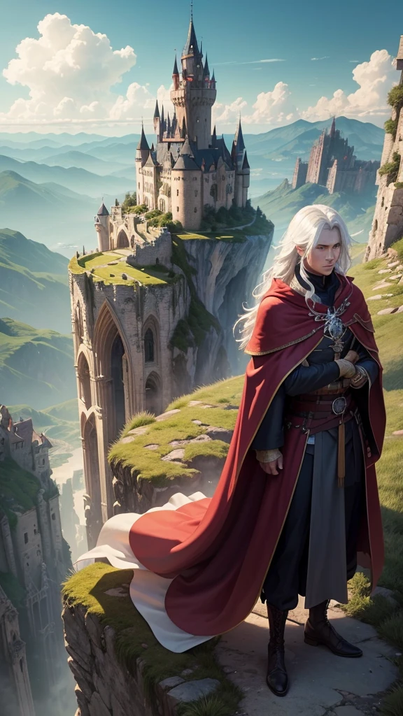 Two characters standing on a cliff overlooking a vast medieval-style city with numerous buildings and a large castle in the distance. The city is surrounded by mountains, and there is a clear sky above. The character in the foreground is wearing a red cloak and has white hair, while the other character has dark hair and is dressed in darker clothing with a sword at their side.fantasy world, city