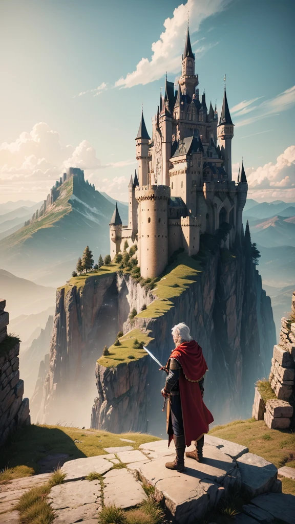 Two characters standing on a cliff overlooking a vast medieval-style city with numerous buildings and a large castle in the distance. The city is surrounded by mountains, and there is a clear sky above. The character in the foreground is wearing a red cloak and has white hair, while the other character has dark hair and is dressed in darker clothing with a sword at their side.fantasy world, city