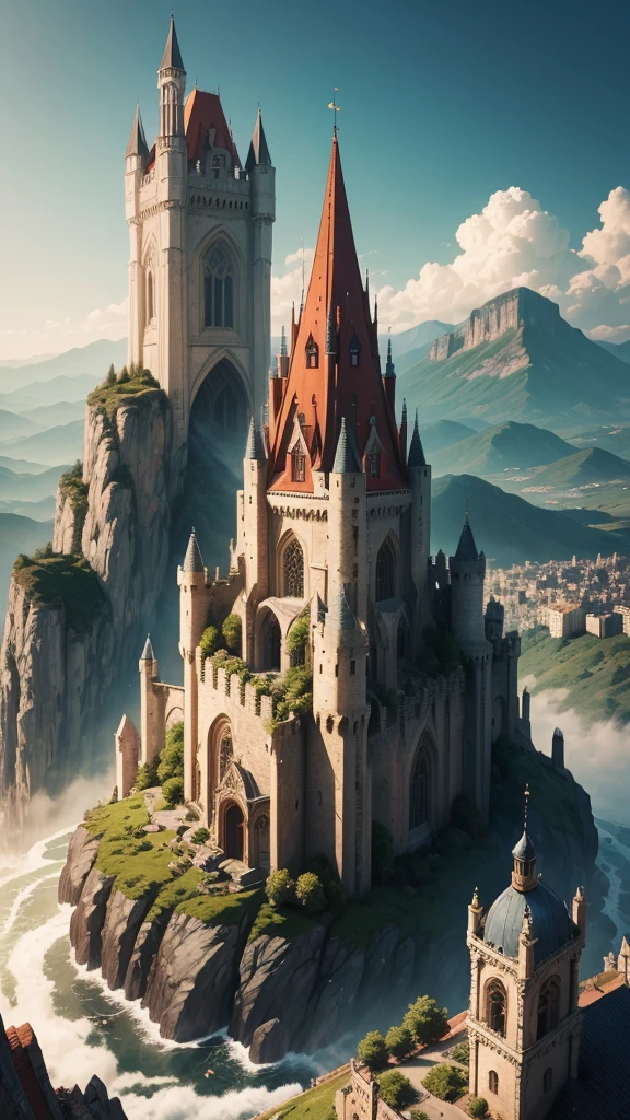 Two characters standing on a cliff overlooking a vast medieval-style city with numerous buildings and a large castle in the distance. The city is surrounded by mountains, and there is a clear sky above. The character in the foreground is wearing a red cloak and has white hair, while the other character has dark hair and is dressed in darker clothing with a sword at their side.fantasy world, city
