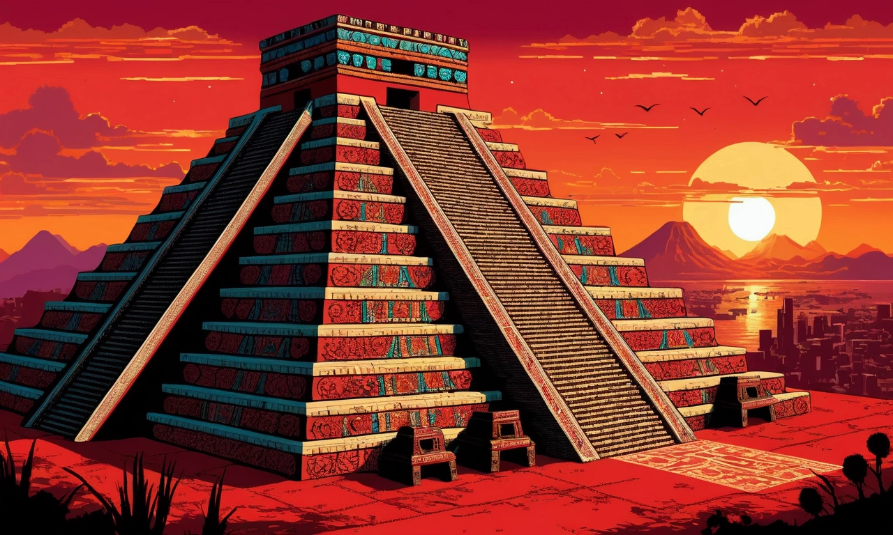 concept art of the mictlan, sunset, red colors, prehispanic city, on PIXEL ART Style