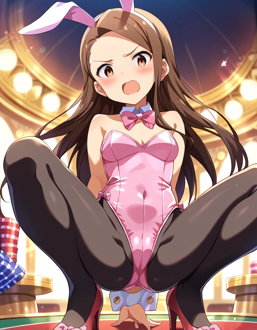 score_9, score_8_superior, score_7_superior, sauce_anime, One girl, alone, whole body, superior45度から, One girl,alone, Glowing Skin, Crouching, Place your hands behind your back on the floor, cute, whole body,score_9, score_8_superior, score_7_superior, ブレークsauce_anime, CG, ,Dark brown hair, Pink rabbit ears, blush, Open your mouth, Embarrassed and angry face, Detachable white collar, Pink bow tie, clavicle:1.2, Exposing shoulders:1.8, Slight cleavage, Bust 77cm, Height: 153cm, Pink strapless leotard:1.9, Pink Playboy Bunny, White wrist cuffs, High leg:1.9, Thong:2.5, White rabbit tail, She wears black pantyhose under her leotard:1.9, Pink pin heels, View your viewers, casino, camel toe:0.5