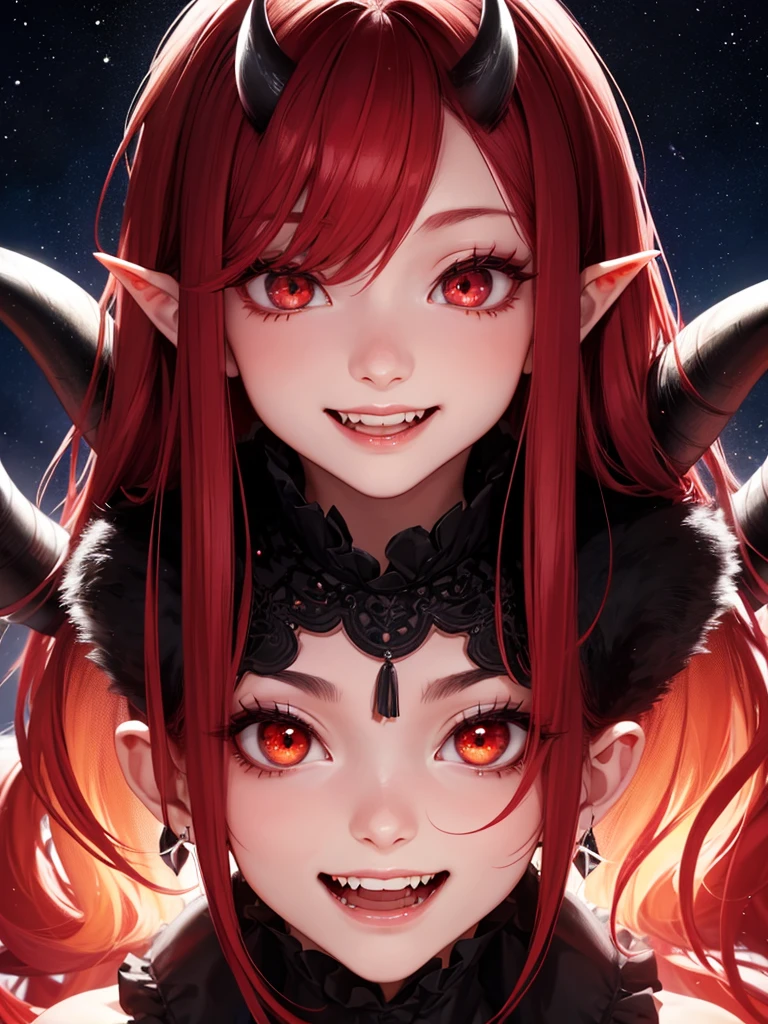 44 years old、beautiful girl、night、Apparition、Fangs from the mouth、Horns on the head、smile、Red Hair、Big slanted eyes、Big Mouth、Dark Background、Close-up of face