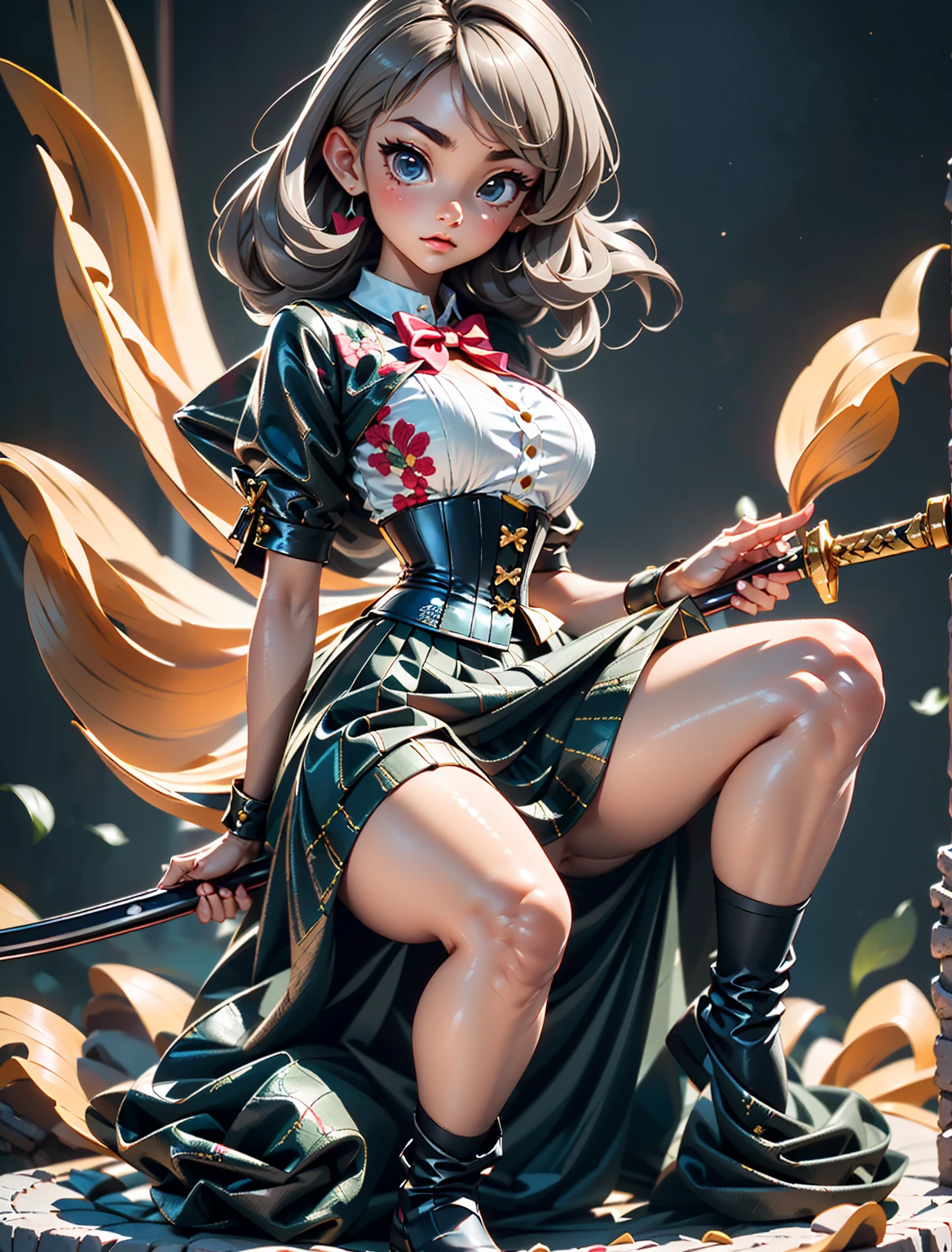 RAW Photos, Highest quality, High resolution, Realistic, One girl、Young Japanese Girl, 17 years old, Full body portrait, Expressionless, poker face, Stone Face, model, Big Breasts, short hair, Wavy Hair, Curly Hair, Gray Hair, Silver Hair, Light brown hair, Hollow Eyes, Hollow Eyes, ((Thin thighs)), Diagonal bangs, Cute Face, Shiny skin, Beautiful body, Beautiful Skin, concentrate , Naked from below, (school uniform, Lead Bow Tie, Black apron dress, Highly detailed corset, Gothic, Frill dress, Beautiful embroidery, (Long skirt:1.2):1.4), (Skirt flip:1.5), (Squat、One knee:1.5)、(Spread your legs:1.5)、Sword Drawing Technique, Battoujutsu