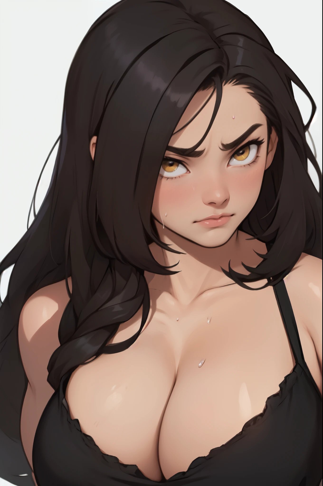 muscular black hair yellow eyes pale skin girl sad cleavage huge breasts blushing frown sweaty long straight hair long straight hair long straight hair long straight hair long straight hair flowing garments