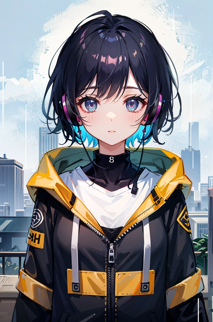 ((8K resolution))、((highest quality))、((masterpiece))、((super detailed))、1 female、solo、incredibly absurd、oversized hoodie、headphones、rain、neon、short cut hair、bright colored eyes、put one&#39;s hand in one&#39;s pocket、shorts、water dripping, step piece, cool blue open short jacket, Messy Fade Cut Hair,quirky sneakers,unusual colored eyes, Vivid eyes,