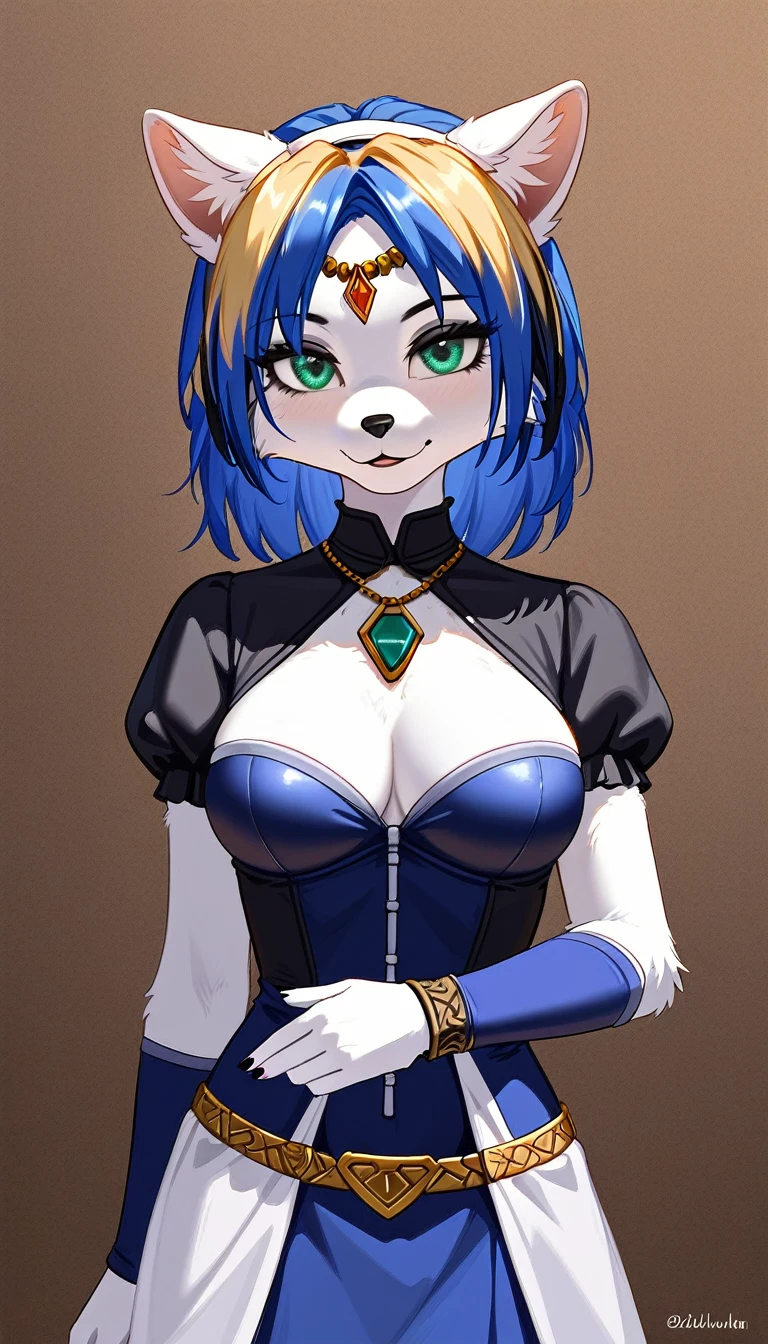 A beautiful and detailed (sweet portrait) wa ((krystal)), Star Fox krystal, sslim, green eyes, medium breasts, (((Long blue hair 1.3))), Decollete, look up, anthro, furry, Uploaded E621, detailed fluffy fur, (wa Fluff-Kevlar, Bayard Wu, personalize me, Pino Daeni), detailed face, (fluffy), 1 girl, alone, Sweet young girl, long blonde hair with black highlights, black eyeliner, black mascara), wear sexy gothic clothes, hochper body shot, winks, Grinning