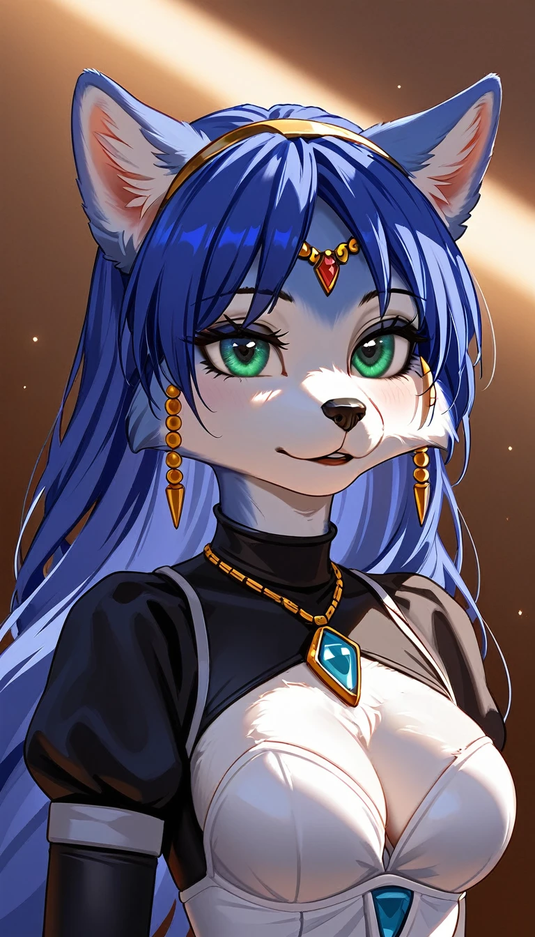 A beautiful and detailed (sweet portrait) wa ((krystal)), Star Fox krystal, sslim, green eyes, medium breasts, (((Long blue hair 1.3))), Decollete, look up, anthro, furry, Uploaded E621, detailed fluffy fur, (wa Fluff-Kevlar, Bayard Wu, personalize me, Pino Daeni), detailed face, (fluffy), 1 girl, alone, Sweet young girl, long blonde hair with black highlights, black eyeliner, black mascara), wear sexy gothic clothes, hochper body shot, winks, Grinning