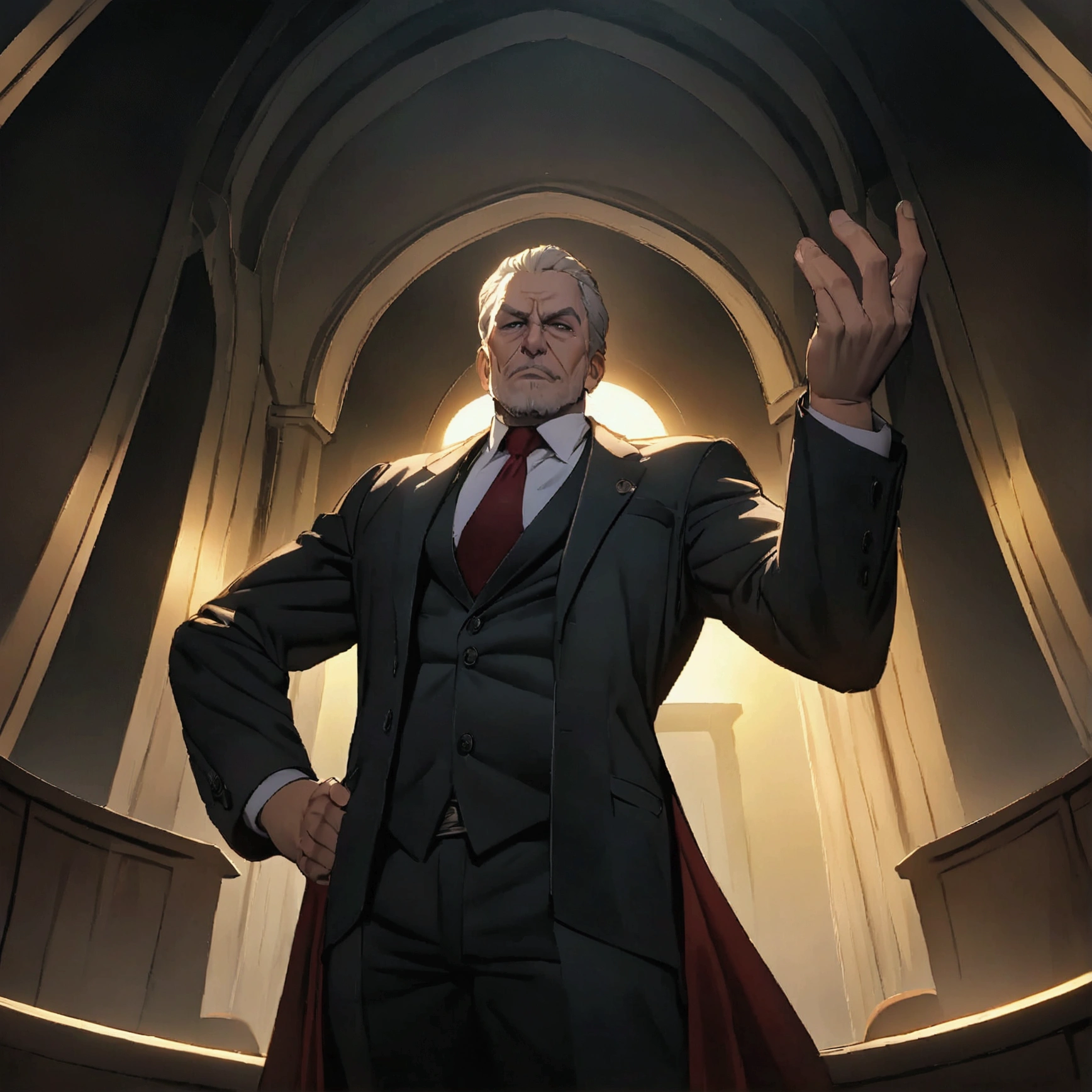 Masterpiece:1.1,Highest quality,8k,official art,courtroom,1boy,an american,middle aged man,a lawyer is talking enthusiastically,standing,evil,arch enemy,cinematic lighting,looking at viewer, dynamic angle,one hand up,one hand on hip,judge,