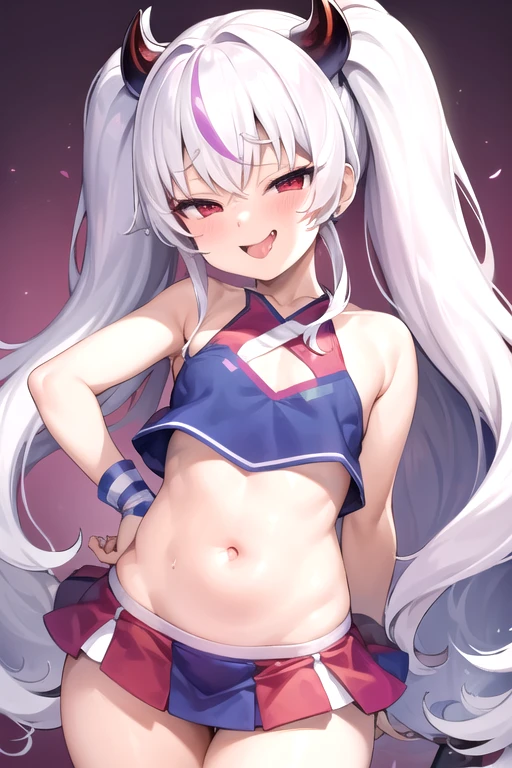 solo,cheerleader with Cheerleader's pom-poms ,wearing a pink cheerleading uniform, Gymnasium、Whole body、(looking back over their shoulder), Young face、long silver Hair、long Twin tails、Spoiled brat、Immature body、（Small breasts）、smile、Sweat、（Thick thighs:1.5)、（little demon horns and tail）、red  eyes、Backwards、looking at viewer、Open mouth、double teeth、fang、blushing and sticking out her cute tongue, tongue out、sensational、後ろ姿, 立ち絵, 