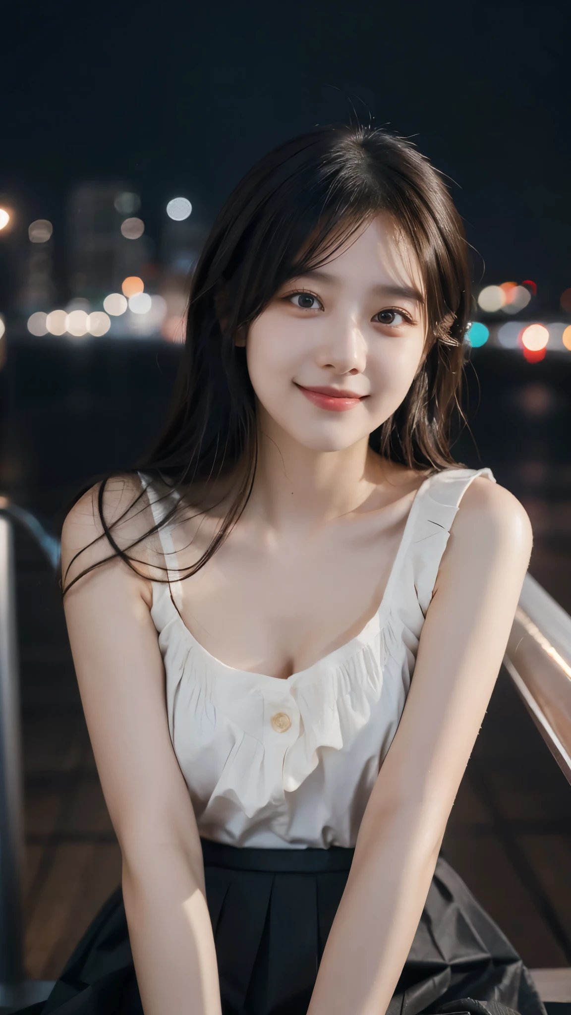 (RAW photos, best quality), (realistic, photorealistic: 1.2), (round face: 1), 1 girl, selfie outdoor, (high detail skin: 1.2), (puffy eyes), (lying silkworm), smile, collarbone, air bang, straight brown black hair, pure black pleated skirt, soft lighting, high quality, cityscape, skyline, night, rain, wet, professional lighting, Photon mapping, radiosity, physically based rendering,
