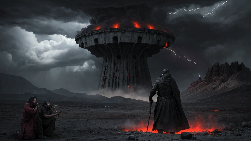 "Description: Illustrate a dramatic and intense scene that conveys the high stakes and clear warnings of the Bible's message about the end times. Show an ominous landscape with prophetic symbols and urgent messages, emphasizing the seriousness of the biblical warnings.

Details: Use dark, foreboding colors like deep reds, blacks, and grays to create a sense of urgency and danger. Include elements such as towering storm clouds, apocalyptic symbols (e.g., trumpets, scrolls, seals), and scenes of natural disasters and conflict. Show expressions of fear, determination, and resolve on the faces of individuals, symbolizing their awareness of the high stakes and the need to heed the warnings."