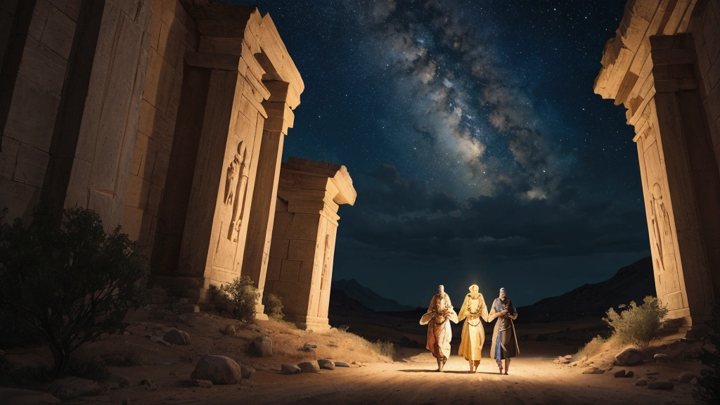"Description: Illustrate a compelling and immersive scene that invites viewers to begin a journey into the heart of biblical prophecy. Show a pathway leading through a symbolic landscape filled with prophetic imagery, guiding individuals towards a deeper understanding of what the Bible's end times prophecies mean for us today.
Details: Use a dynamic color palette with a mix of vibrant and subdued tones to create a sense of adventure and discovery. Include elements such as illuminated scriptures, symbolic landmarks (e.g., the Four Horsemen, angels, celestial events), and pathways that wind through the landscape. Show expressions of awe, determination, and enlightenment on the faces of those embarking on the journey, symbolizing their readiness to uncover the true meaning of biblical prophecies."