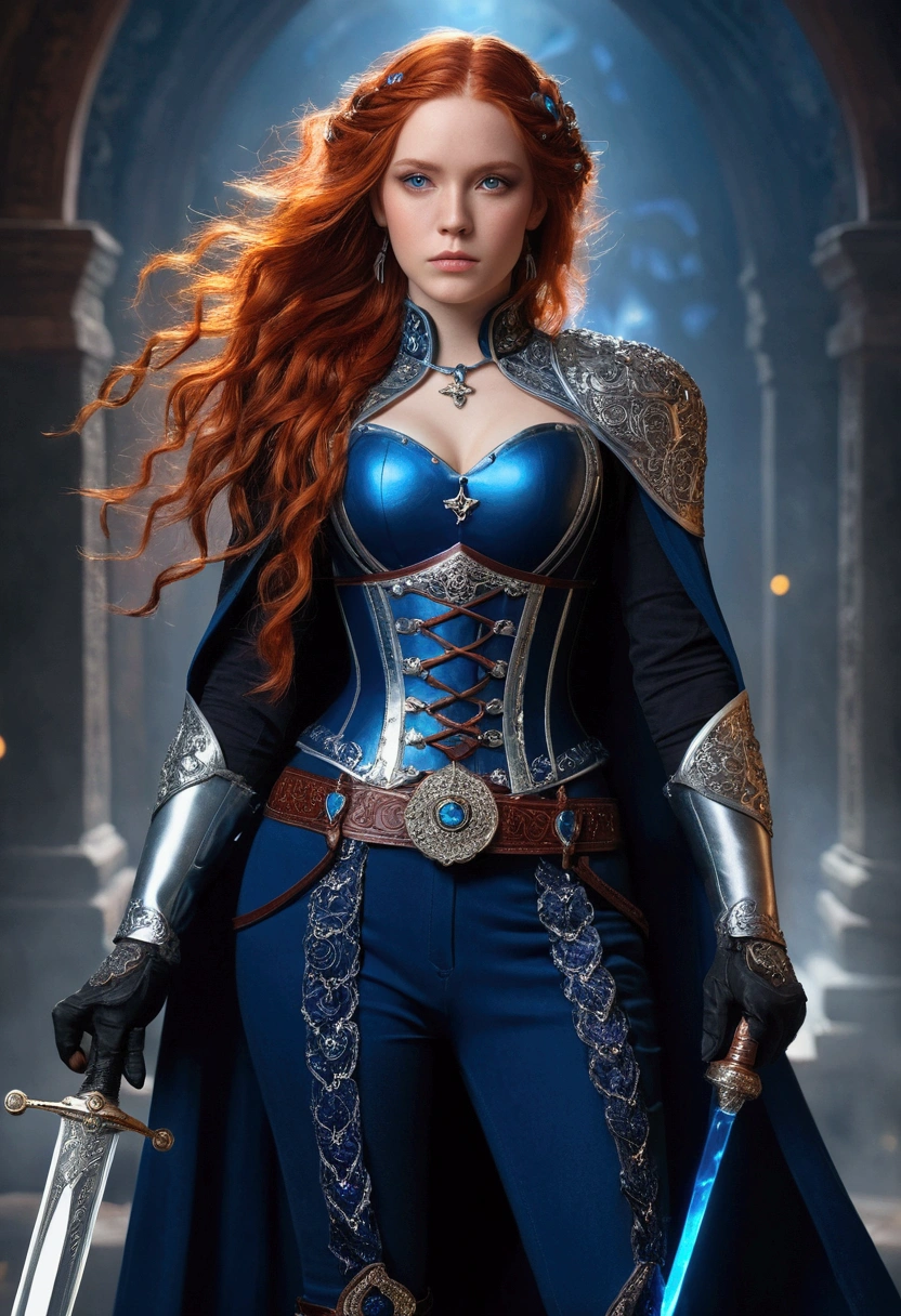 a girl with long, flowing red hair in a practical braid and striking amber eyes. She wears a shapewear, dark indigo heart-shaped corset adorned with intricate silver runes and symbols that glow faintly, high reinforced boots, and long gloves with silver details. Her facial expression is determined/focused. She has a large wide leather belt with pouches and a scabbard for an ancient, elegant sword with a softly shining blue blade and hilt decorated with precious stones. Over her jumpsuit, she wears a shiny, color-changing cape with a high collar. She stands in an ancient mystical setting, holding her shining sword confidently, ready for battle, in a fantasy-centric medieval style | beautiful detailed face | anime style | visual key | intricate detail | Highly detailed | Breathtaking | vibrant | panoramic | cinematographic | Griffiths Beef | Conrado Roseta | 8k.cinematic, epic, dynamic pose, character portrait, concept art, digital painting, artstation quality, trends on Artstation, award-winning, cinematic lighting, volumetric lighting, fog, mist, particles, environmental storytelling.