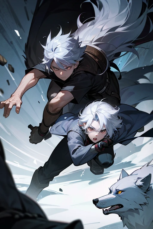 16 year old silver hair-eyed boy,fight for his life, being eaten by wolves,