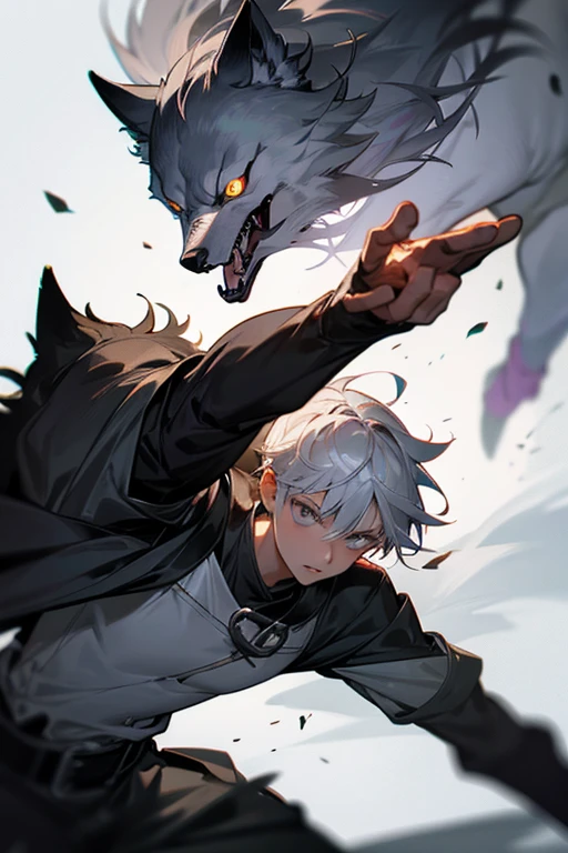 16 year old silver hair-eyed boy,fight for his life, being eaten by wolves,