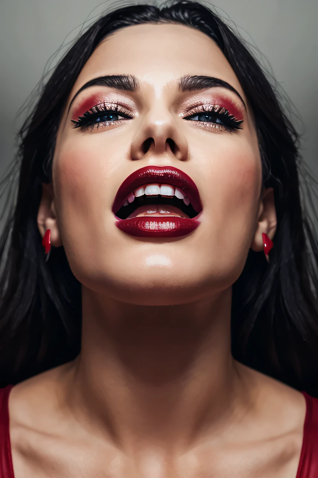 woman with open mouth with red lipstick moaning with pleasure, portrait mode, dark image