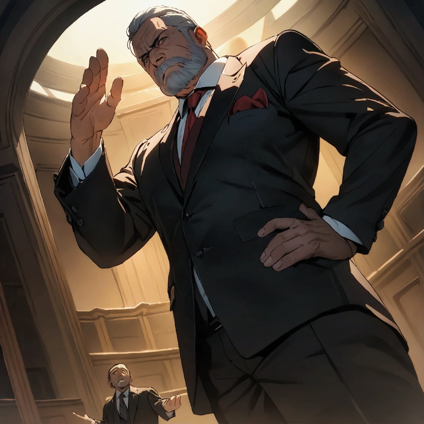 Masterpiece:1.1,Highest quality,8k,official art,courtroom,1boy,an american,middle aged man,a lawyer is talking enthusiastically,standing,evil,arch enemy,cinematic lighting,looking at viewer, dynamic angle,one hand up,one hand on hip,judge,