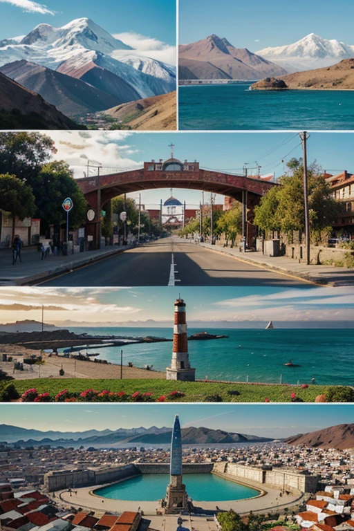 collage of images of typical places and customs of Chile illustrated