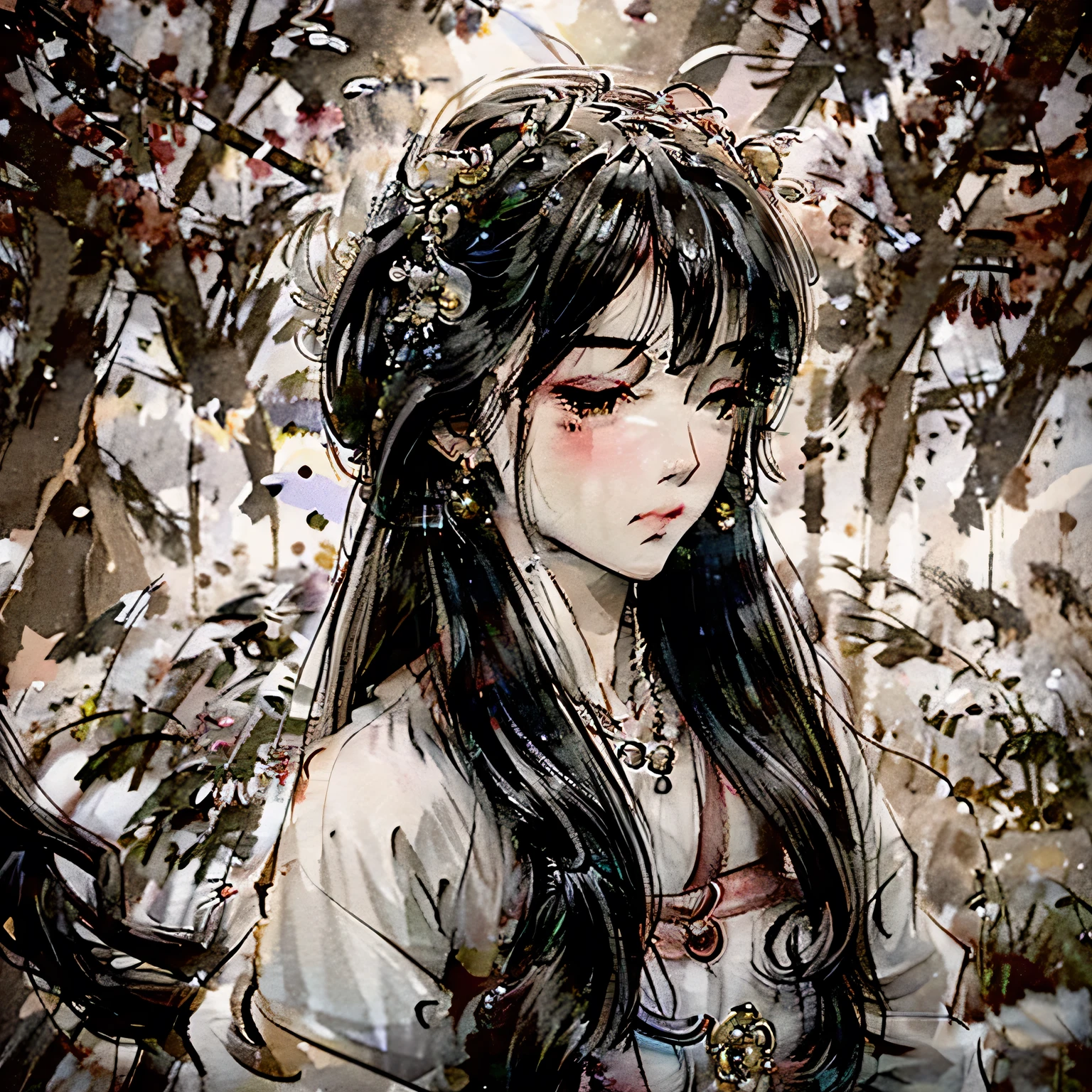 Create an elegant yet melancholic illustration of a goddess of beauty surrounded by a field of flowers. The goddess should be portrayed with a sense of grace and sadness, reflecting both her ethereal beauty and a subtle sorrow. The flowers around her should enhance the overall aesthetic, adding vibrant colors that contrast with the goddess's somber expression. The scene should evoke a sense of tranquil beauty, capturing the delicate balance between elegance and melancholy