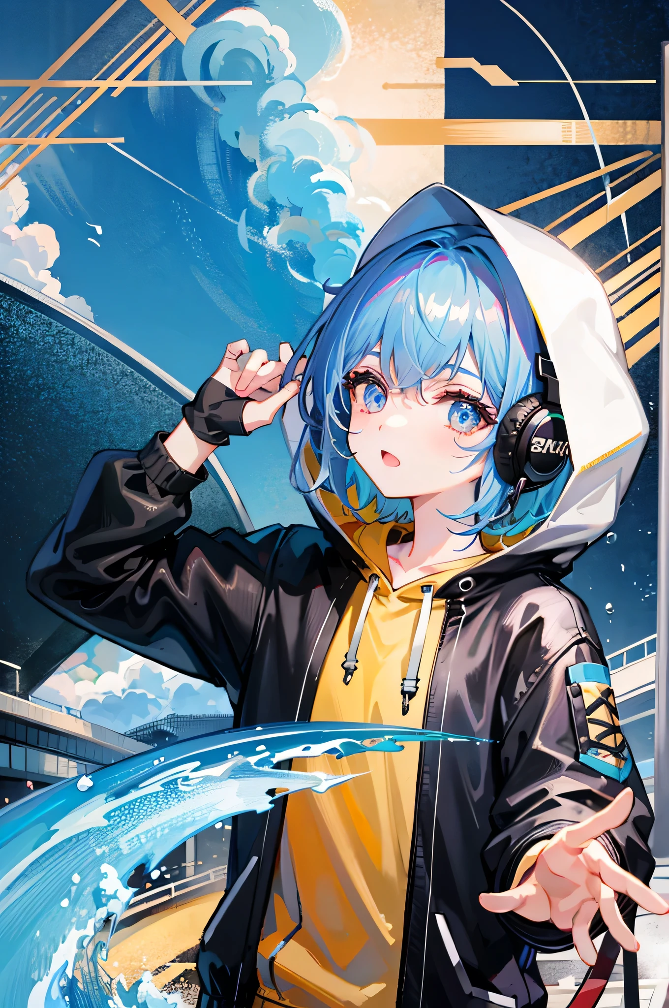 ((8K resolution))、((highest quality))、((masterpiece))、((super detailed))、1 female、solo、incredibly absurd、oversized hoodie、headphones、rain、neon、short cut hair、bright colored eyes、put one&#39;s hand in one&#39;s pocket、shorts、water dripping, step piece, cool blue open short jacket, Messy Fade Cut Hair,quirky sneakers,unusual colored eyes, Vivid eyes,