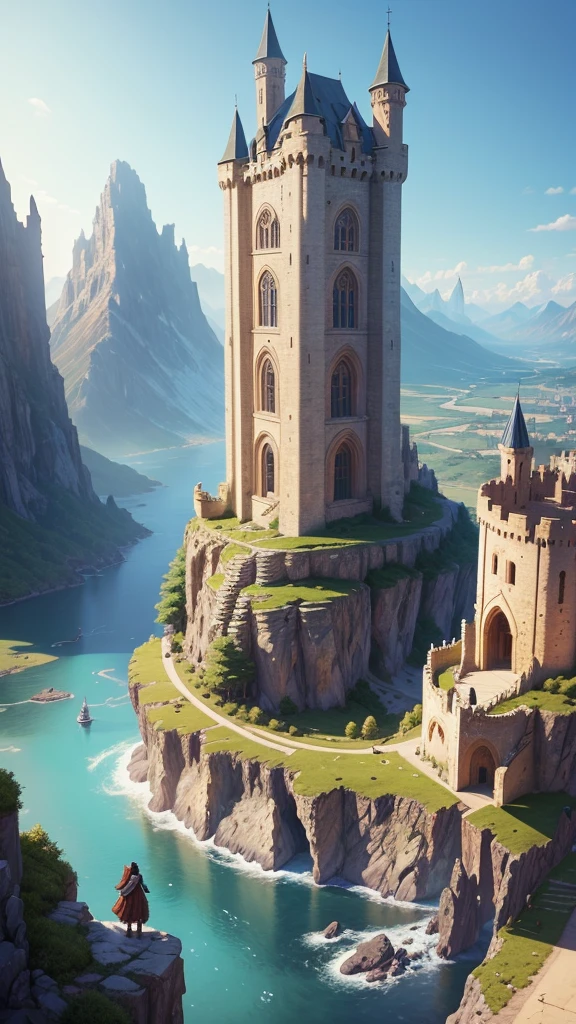Fantasy world, city, Two characters stand on a cliff overlooking a large medieval-style city with countless buildings and a large castle in the distance. The city is surrounded by mountains and has clear blue skies above. Fantasy world, city