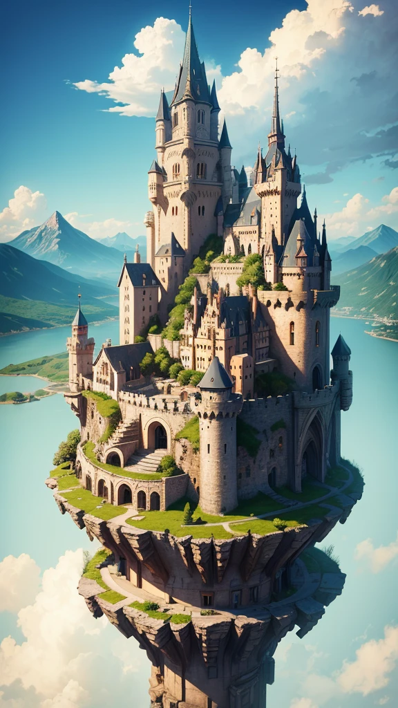 Fantasy world, city, Two characters stand on a cliff overlooking a large medieval-style city with countless buildings and a large castle in the distance. The city is surrounded by mountains and has clear blue skies above. Fantasy world, city