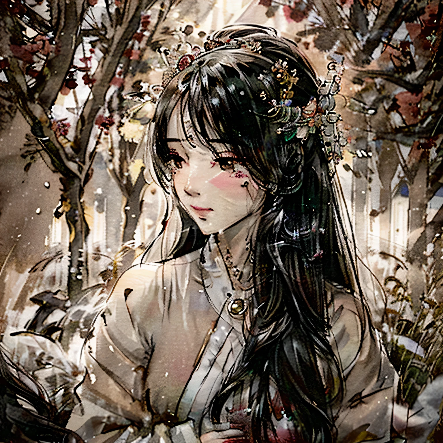 Create an elegant yet melancholic illustration of a goddess of beauty surrounded by a field of flowers. The goddess should be portrayed with a sense of grace and sadness, reflecting both her ethereal beauty and a subtle sorrow. The flowers around her should enhance the overall aesthetic, adding vibrant colors that contrast with the goddess's somber expression. The scene should evoke a sense of tranquil beauty, capturing the delicate balance between elegance and melancholy