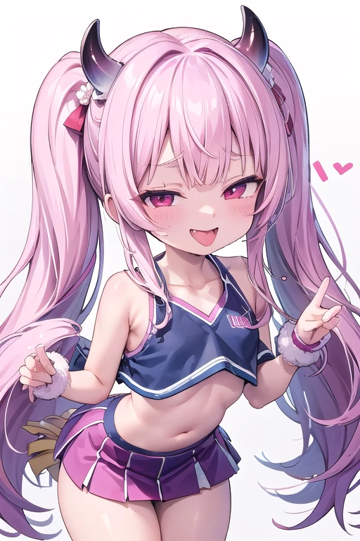 solo,cheerleader with Cheerleader's pom-poms ,wearing a pink cheerleading uniform, Gymnasium、Whole body、(looking back over their shoulder), Young face、long silver Hair、long Twin tails、Spoiled brat、Immature body、（Small breasts）、smile、Sweat、（Thick thighs:1.5)、（little demon horns and tail）、red  eyes、Backwards、looking at viewer、Open mouth、double teeth、fang、blushing and sticking out her cute tongue, tongue out、sensational、後ろ姿, 立ち絵, 