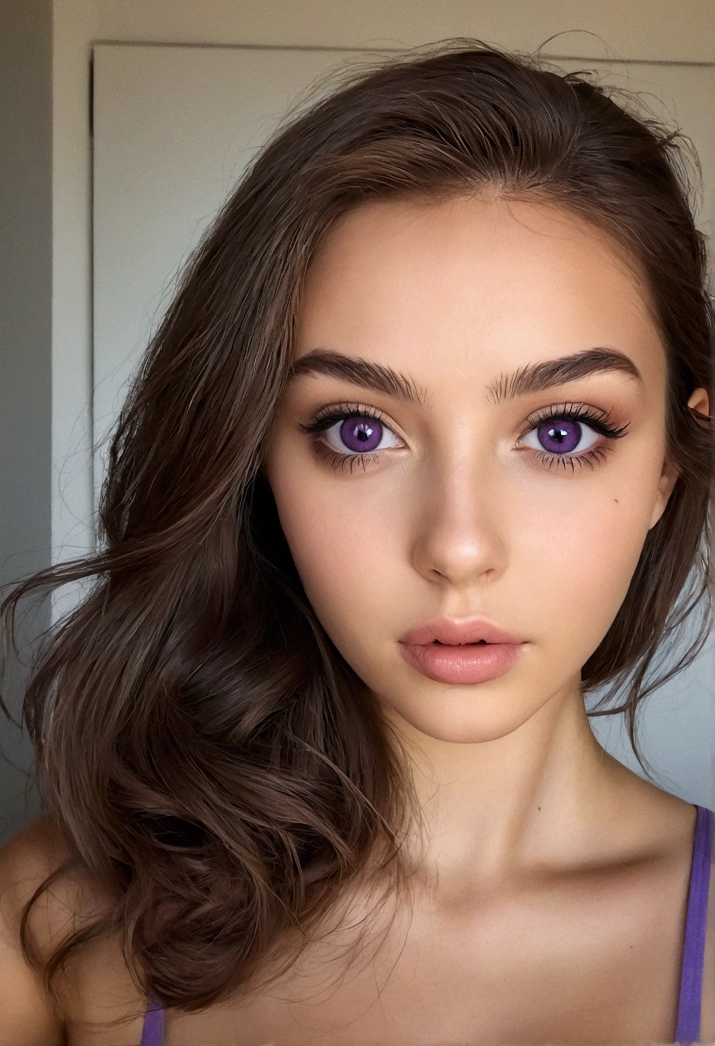 arafed femme pleinement , fille sexy aux yeux marrons, Ultra réaliste, minutieusement détaillé, Portrait Sophie Mudd, cheveux bruns et grands yeux, selfie d&#39;une jeune femme, yeux de la chambre, violette myers, sans maquillage, maquillage naturel, regarder directement la caméra, visage avec artgram, maquillage subtil, superbe photo de tout le corps à genoux sur le lit, dans la chambre, buste de taille moyenne à grande