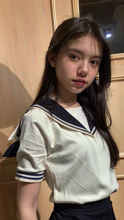 Masterpiece, best quality, ultra high res, realistic, (photorealistic:1.4), photography, rule of third, 1girl, (the girl wearing black sailor uniform), night, city light, cinematic lighting, 80s filter, detailed face , looking at viewer, front view, 80s movie, profile picture, portrait, dissapointed face