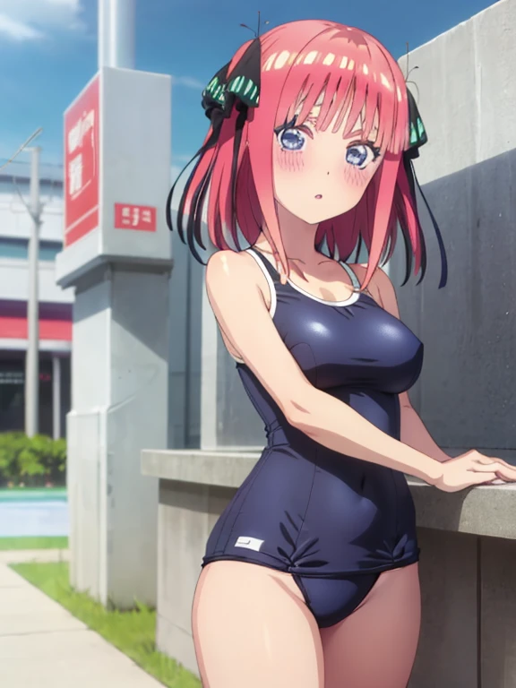 best quality, insanely detailed, nino nakano, one-piece swimsuit, breasts, blush, outdoor background, bare-shoulder swimsuit, looking at viewer