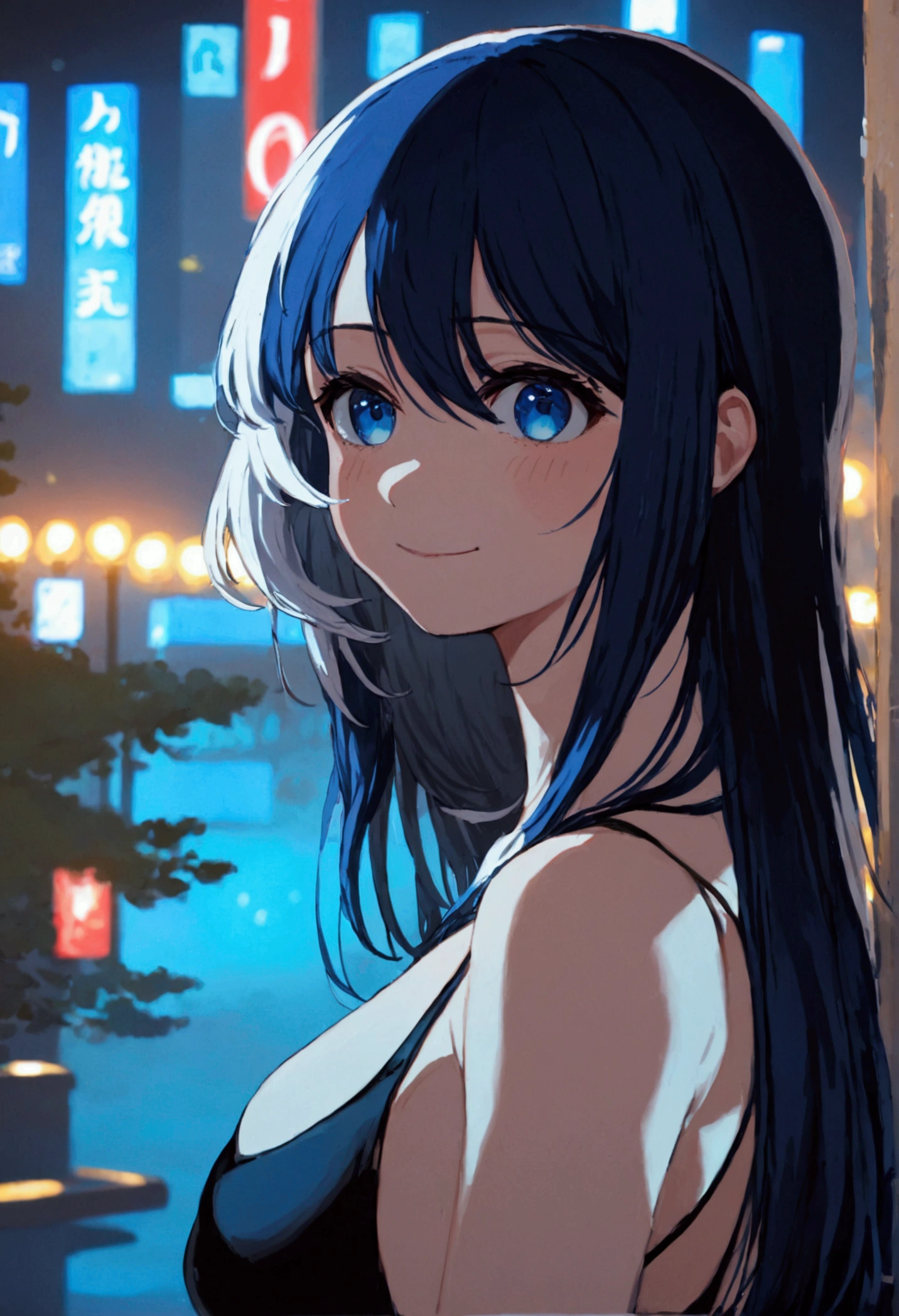 (best quality, highres, masterpiece : 1.4), (flatten art : 0.8), masterpiece, (best quality), 1girl, anime, (long dark blue hair with white hair on tip, very long sidebang), fair skin, deep blue eyes, medium sized breast, black one piece, standing, wiping her own hair, kind smile, (detailed face), (park, night), reminiscing, bittersweet moment, eyes to the viewer, low contrast (almost monochrome)