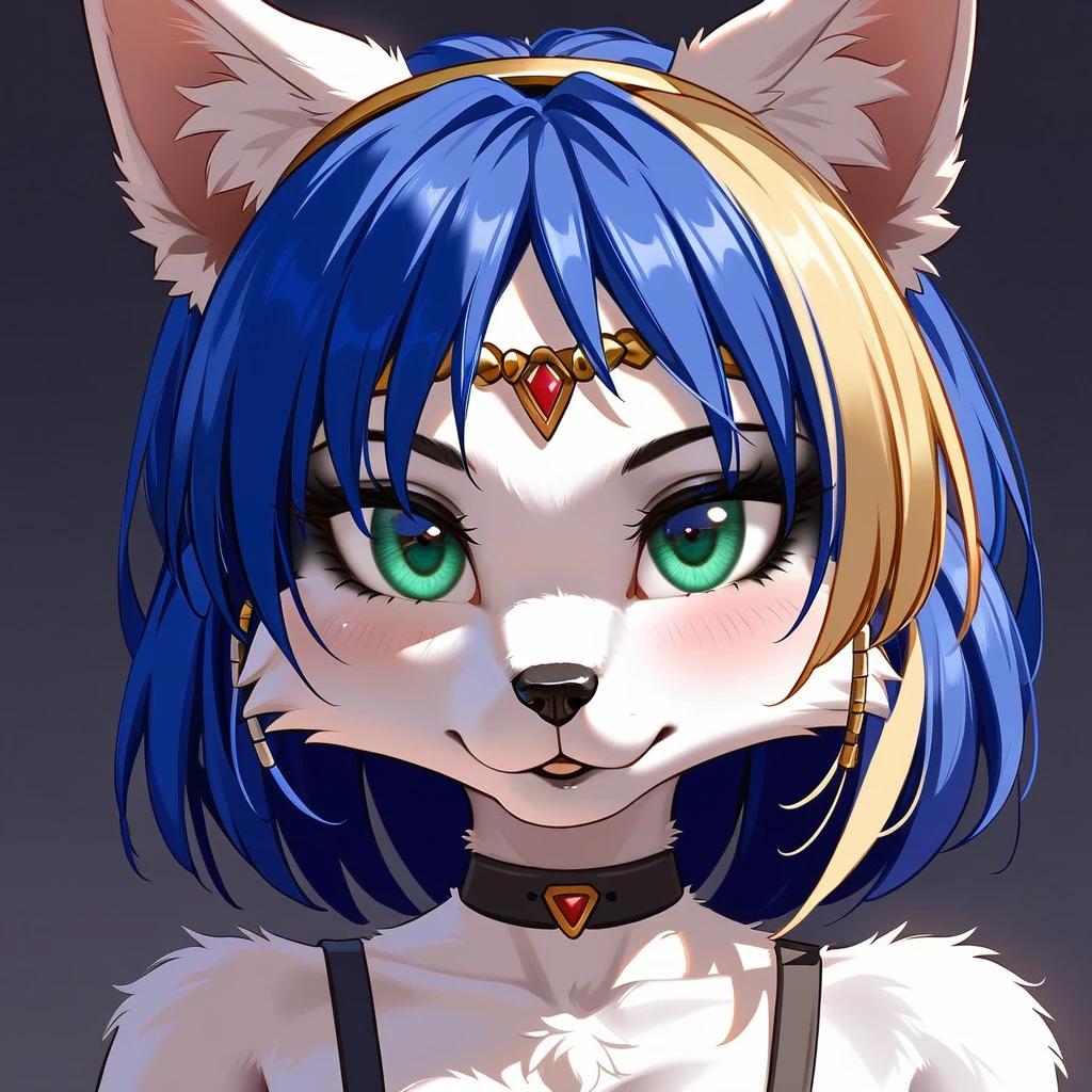 A beautiful and detailed (sweet portrait) wa ((krystal)), Star Fox krystal, sslim, green eyes, medium breasts, (((Long blue hair 1.3))), Decollete, look up, anthro, furry, Uploaded E621, detailed fluffy fur, (wa Fluff-Kevlar, Bayard Wu, personalize me, Pino Daeni), detailed face, (fluffy), 1 girl, alone, Sweet young girl, long blonde hair with black highlights, black eyeliner, black mascara), wear sexy gothic clothes, hochper body shot, winks, Grinning