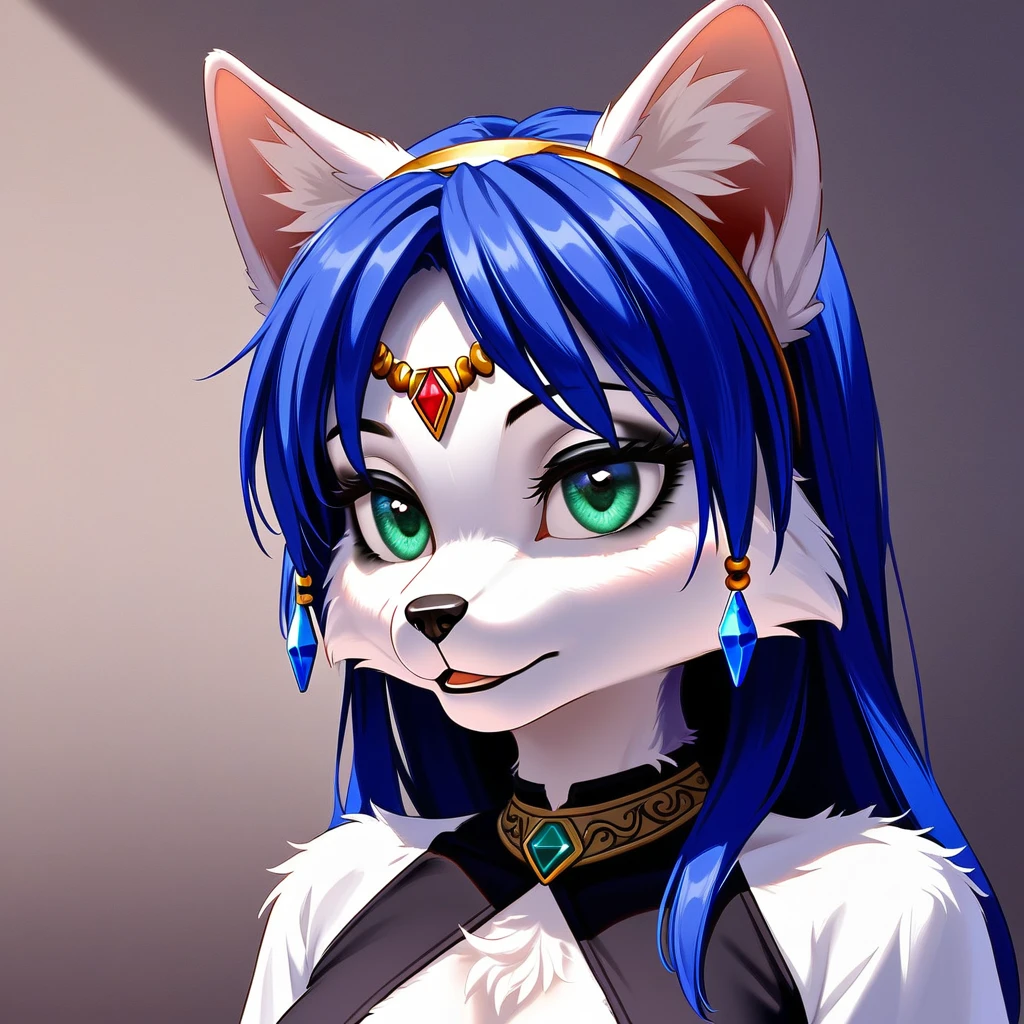 A beautiful and detailed (sweet portrait) wa ((krystal)), Star Fox krystal, sslim, green eyes, medium breasts, (((Long blue hair 1.3))), Decollete, look up, anthro, furry, Uploaded E621, detailed fluffy fur, (wa Fluff-Kevlar, Bayard Wu, personalize me, Pino Daeni), detailed face, (fluffy), 1 girl, alone, Sweet young girl, long blonde hair with black highlights, black eyeliner, black mascara), wear sexy gothic clothes, hochper body shot, winks, Grinning