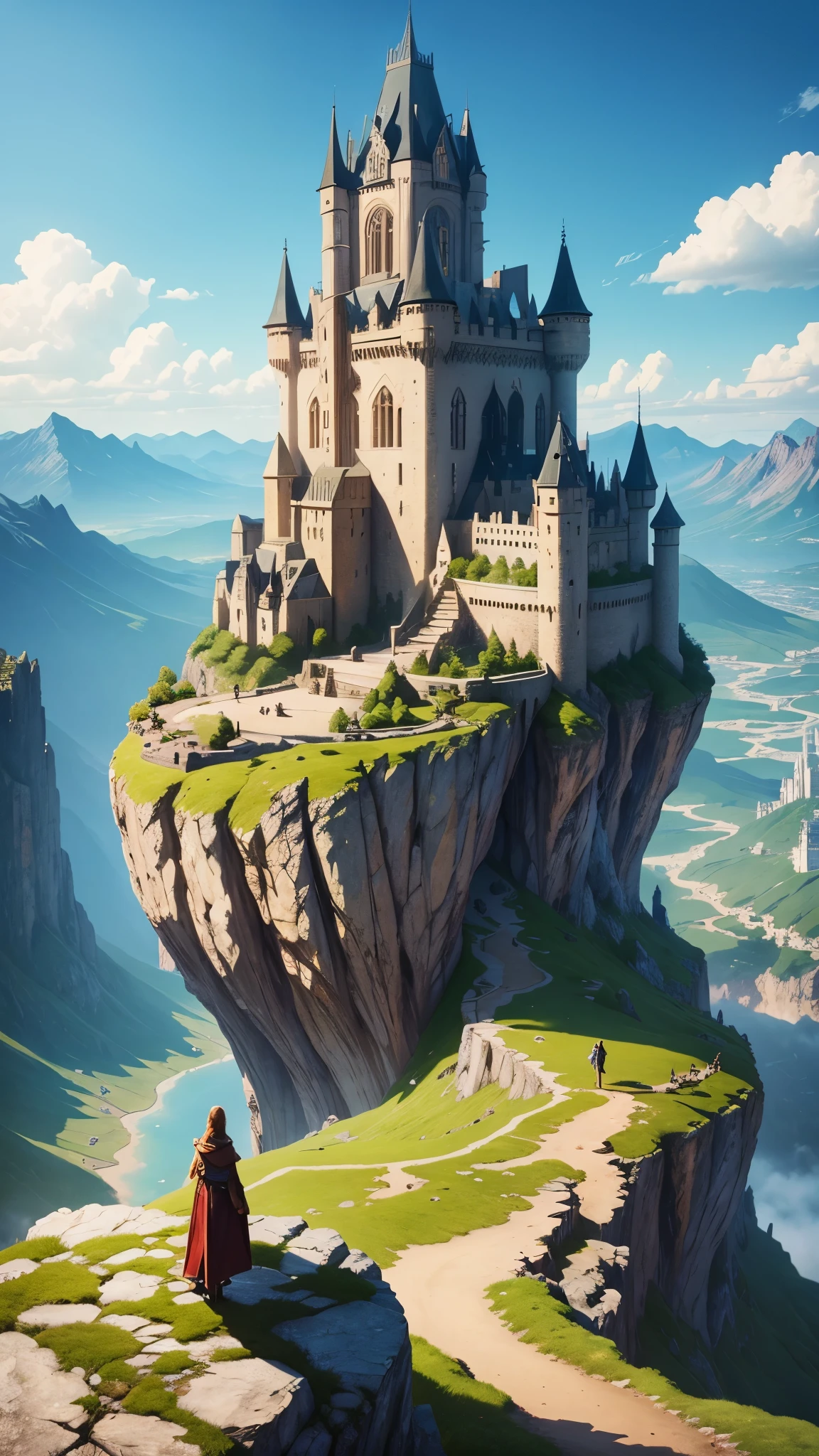 Fantasy world, city, Two characters stand on a cliff overlooking a large medieval-style city with countless buildings and a large castle in the distance. The city is surrounded by mountains and has clear blue skies above. Fantasy world, city