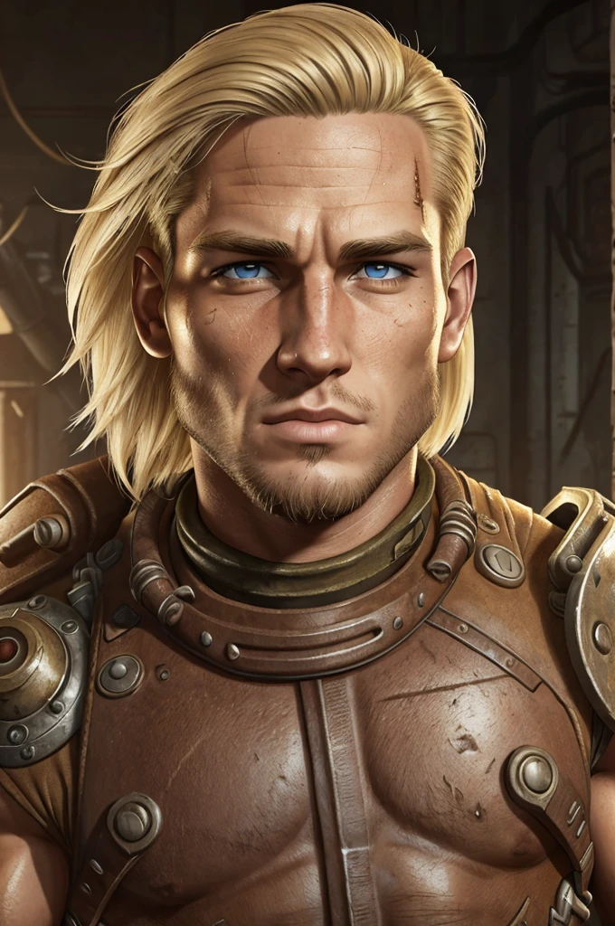 epic professional upper body head shot, official Fallout art, young handsome 20 year old male raider, detailed face, smooth features, blonde hair, post-apocalyptic, muscular and toned body, hairy chest, detailed eyes, intricate details