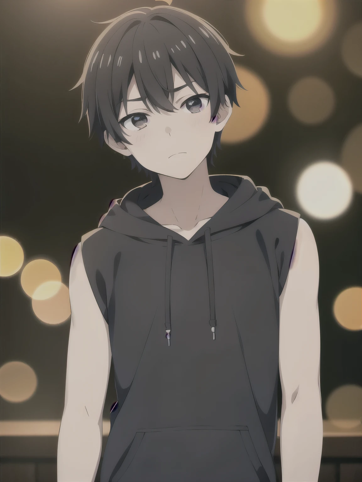 Highres, Masterpiece, Best quality at best,Best Quality,hight quality, hight detailed, Anime style, 1boy, Shota, young boy, Solo person, Black hoodie, Sleeveless hoodie, Seen from the front, look at viewer, (very young boy), (very small and short body), 12-year-old boys, hansome boy, Uhd, bokeh