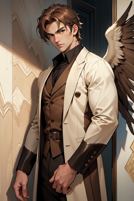 (work of art, best qualityer, ultra HD, 8k, wall-paper), Cinematic sensation, perfects eyes, detailedeyes, a man with brown wings showing his entire body, loose and elegant attire, showcasing the powerful brown tones in both of the character's eyes,, renderize a arte em uma impressionante resolução de 8k para mostrar todos os detalhes complexos, bringing the character and scene to life, set the stage under a clear, star-studded night sky, with the full moon casting its ethereal glow over the environment, capture the cinematic essence.