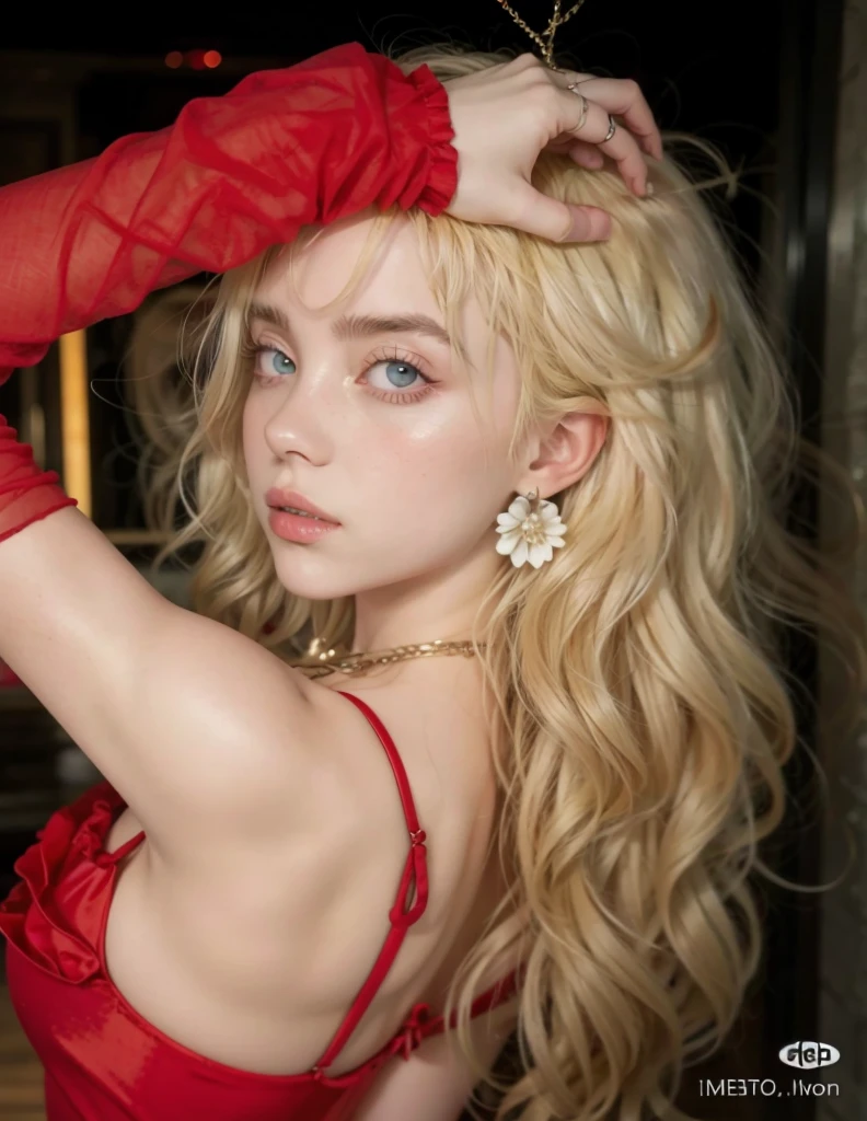 A close up of a woman in a red dress posing for a picture